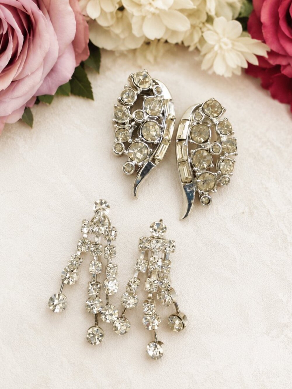 VINTAGE Clear Crystal Rhinestone Clip Earrings Lot~ High-End Statement Earrings
